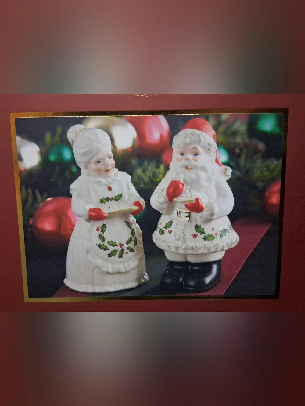 Lenox Holiday White, Red and Green Santa/Mrs. Claus Porcelain Salt & Pepper Set